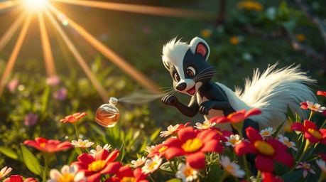 A delightful high-angle photograph captures a cartoon skunk spraying perfume on flowers, creating a whimsical and visually ap