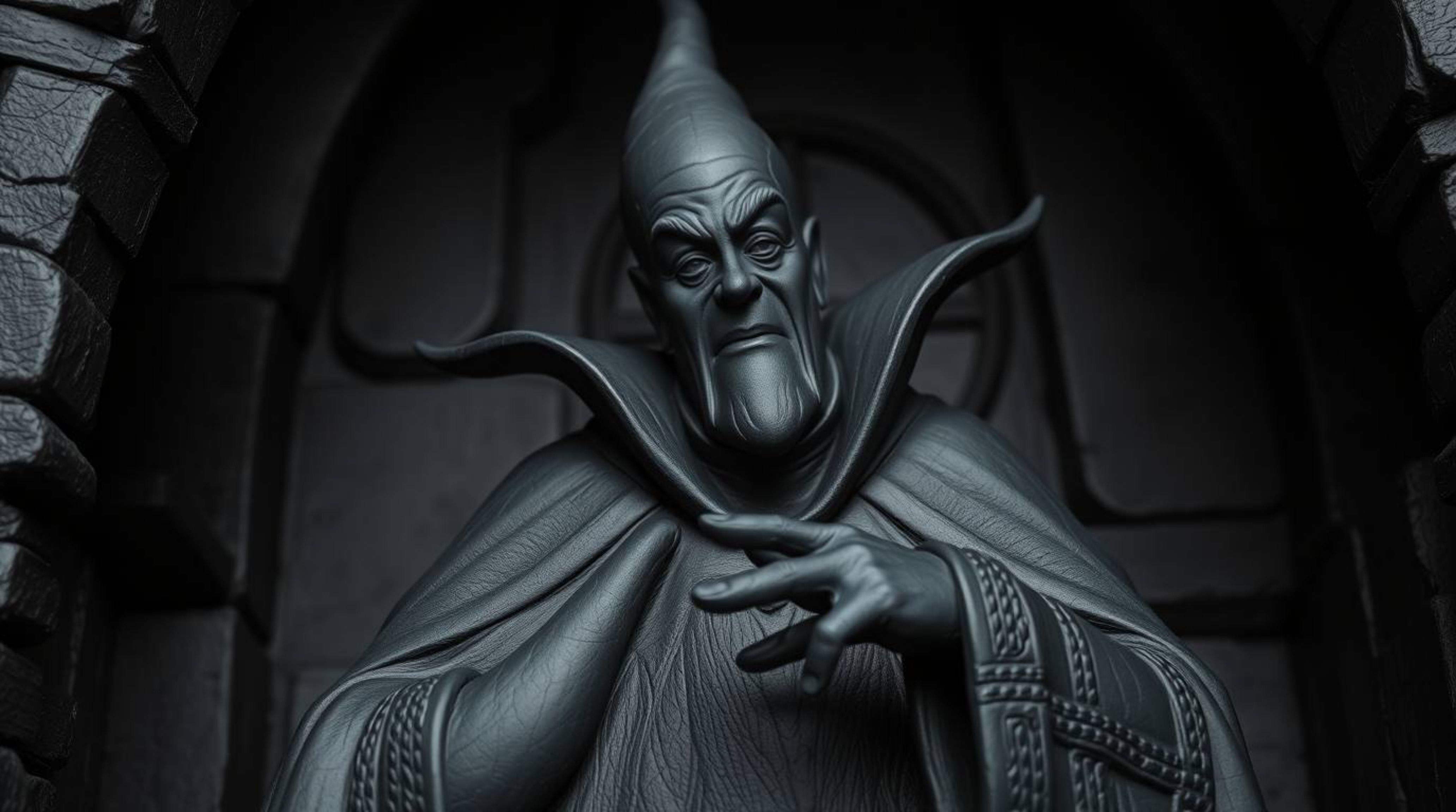 A captivating image of a sculptural clay art piece depicting a classic Disney villain.  Rendered in intense jet black, the sm
