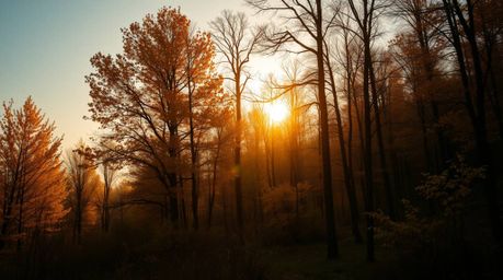 Experience the beauty of an autumn forest with golden leaves bathed in the warm glow of the sunset. This dramatic cinematic s