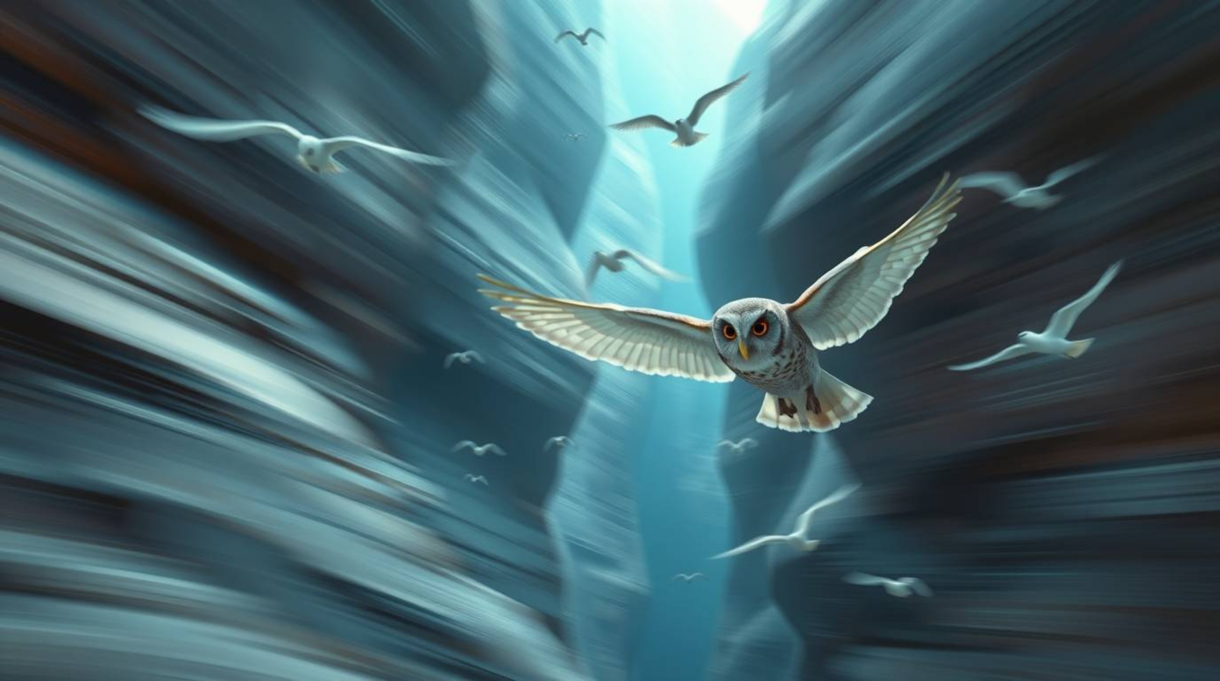 This ethereal and spiritual photographic image captures a blind owl, rendered in a heartwarming Pixar style, as it guides bir