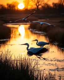 A graceful and elegant fine art photograph depicting a warm, soft Golden hour wetlands scene with herons flying. This image i