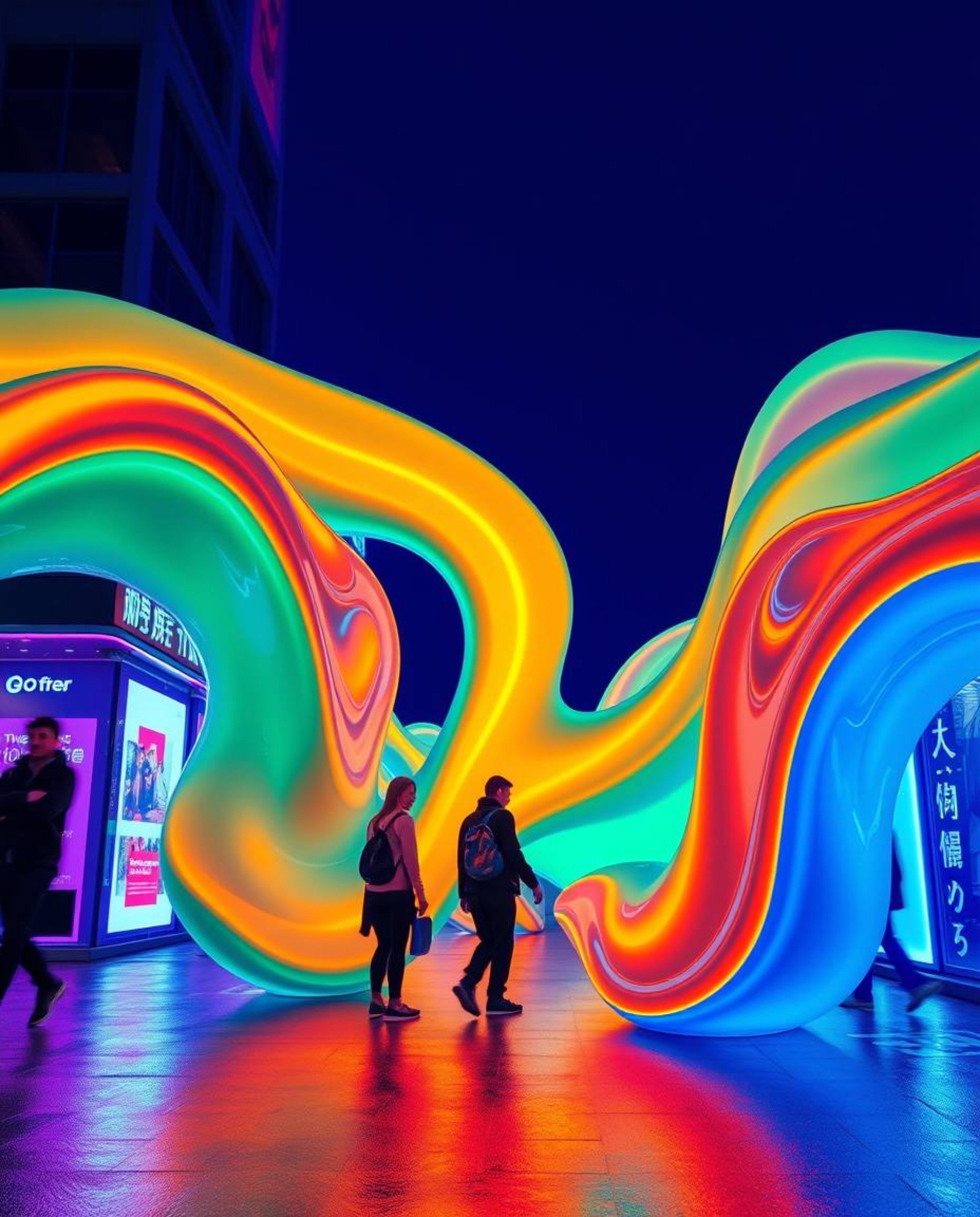 Explore the captivating world of candid street photography featuring bright, vibrant colors and futuristic 3D fluid shapes wi