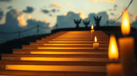 A close-up shot capturing the ethereal beauty of warm candlelight illuminating detailed steps made of light, ascending into a