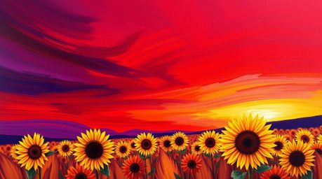 Experience the dynamic energy of this acrylic painting depicting a breathtaking sunflower field bathed in the glow of a deep 