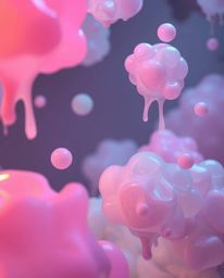 Explore an eerie and enchanting atmosphere created by soft pastel colors and floating 3D blobs of vibrant, fluid jelly. This 