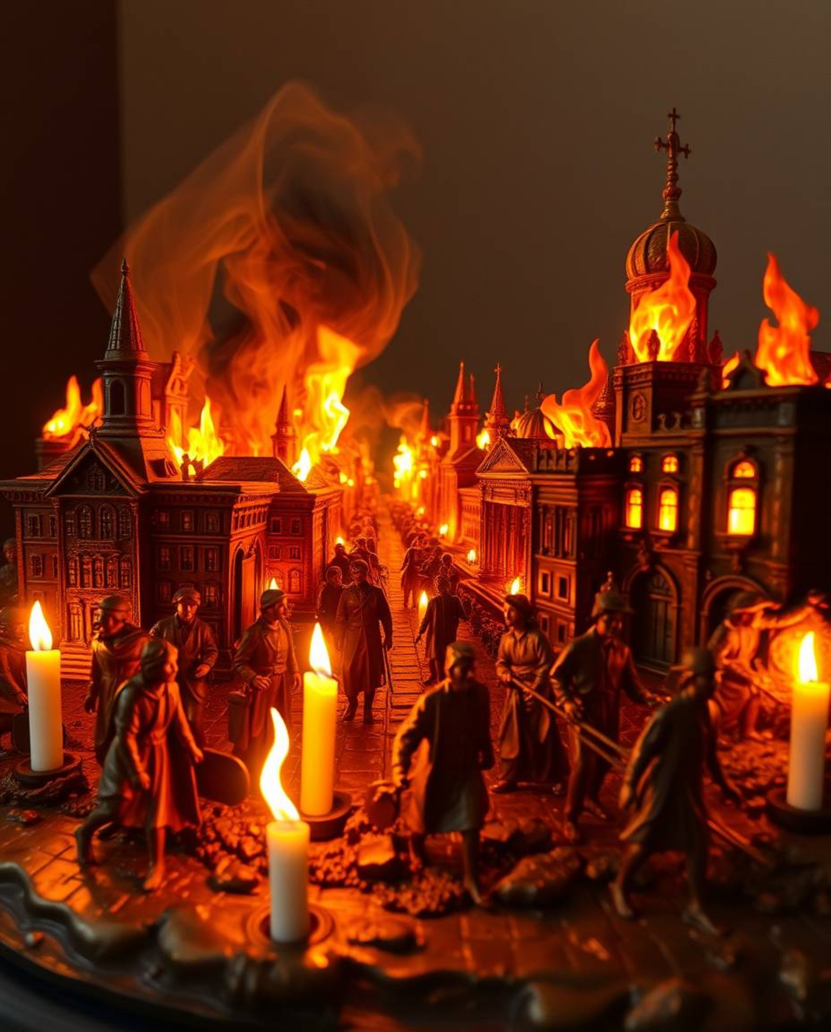 This captivating bronze cast sculpture depicts a city consumed by flames, capturing the chaotic scene of people fleeing in al