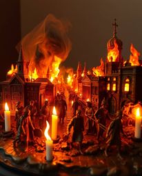 This captivating bronze cast sculpture depicts a city consumed by flames, capturing the chaotic scene of people fleeing in al