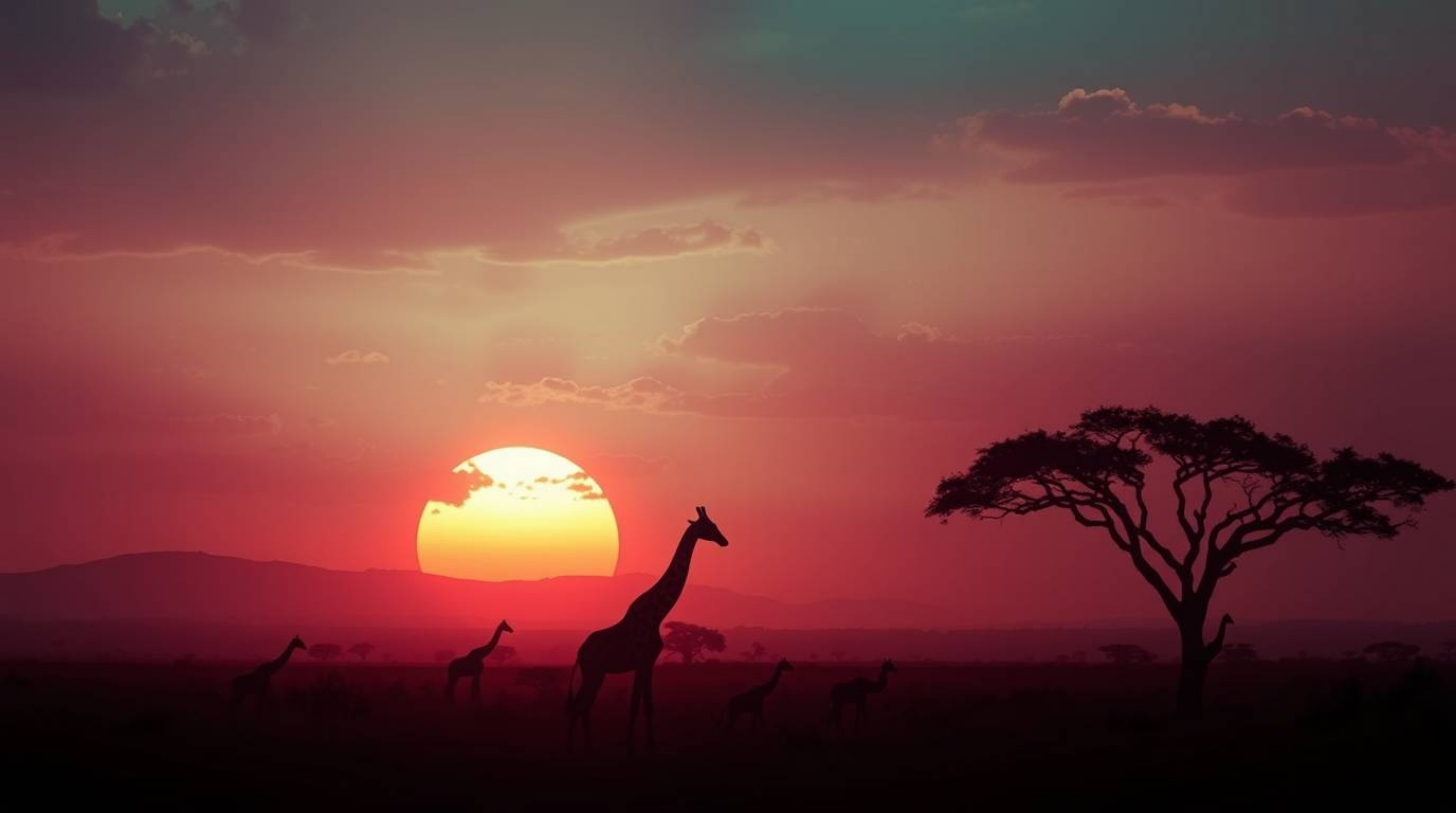 Experience a soft, dreamy atmosphere with a rich, deep teal sunset painting the savanna. Silhouetted giraffes stand majestica