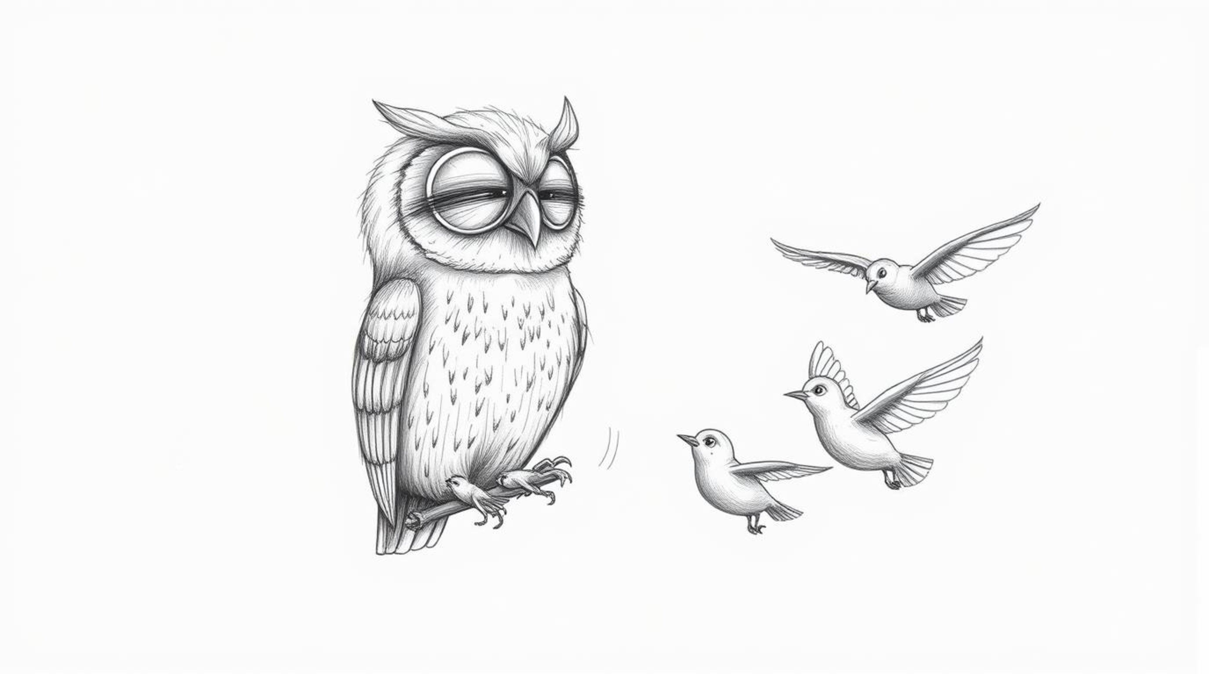 A charming, hand-drawn pencil sketch rendered in a Pixar-inspired style depicts a blind owl patiently teaching small birds ho