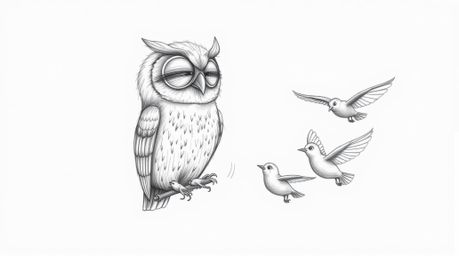 A charming, hand-drawn pencil sketch rendered in a Pixar-inspired style depicts a blind owl patiently teaching small birds ho