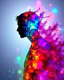 This artwork evokes an ethereal and spiritual vibe, showcasing a human silhouette beautifully formed from vibrant, colorful s