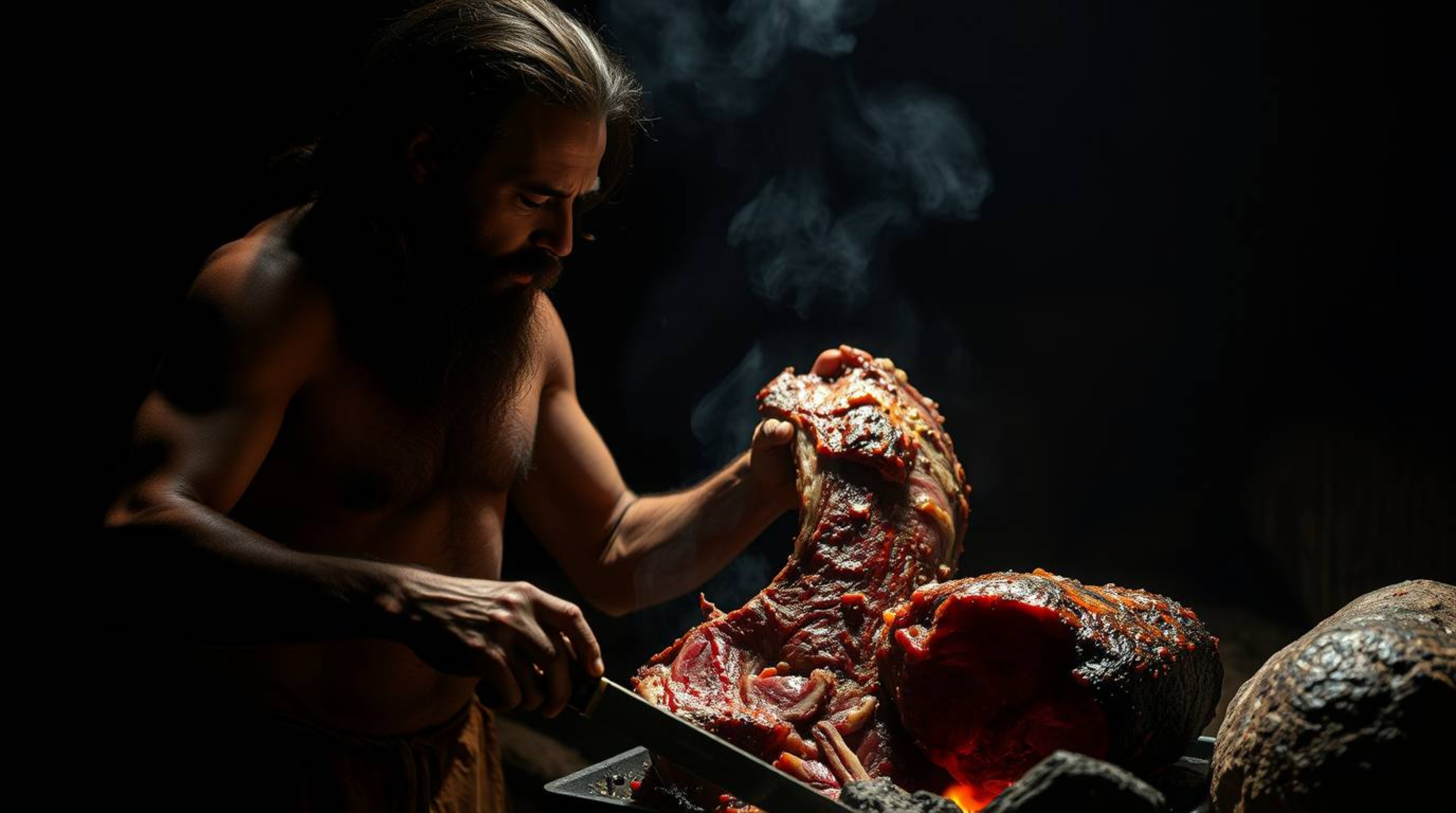 A captivating image depicting a caveman cooking mammoth meat, dramatically lit by chiaroscuro.  The strong contrasts and deep