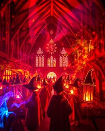 Experience a captivating piece of light art depicting a magical school brimming with young wizards. The artwork utilizes warm