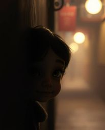 A soft cinematic haze envelops eyes watching from a shadowy alley at night, capturing adorable and cute features with a charm