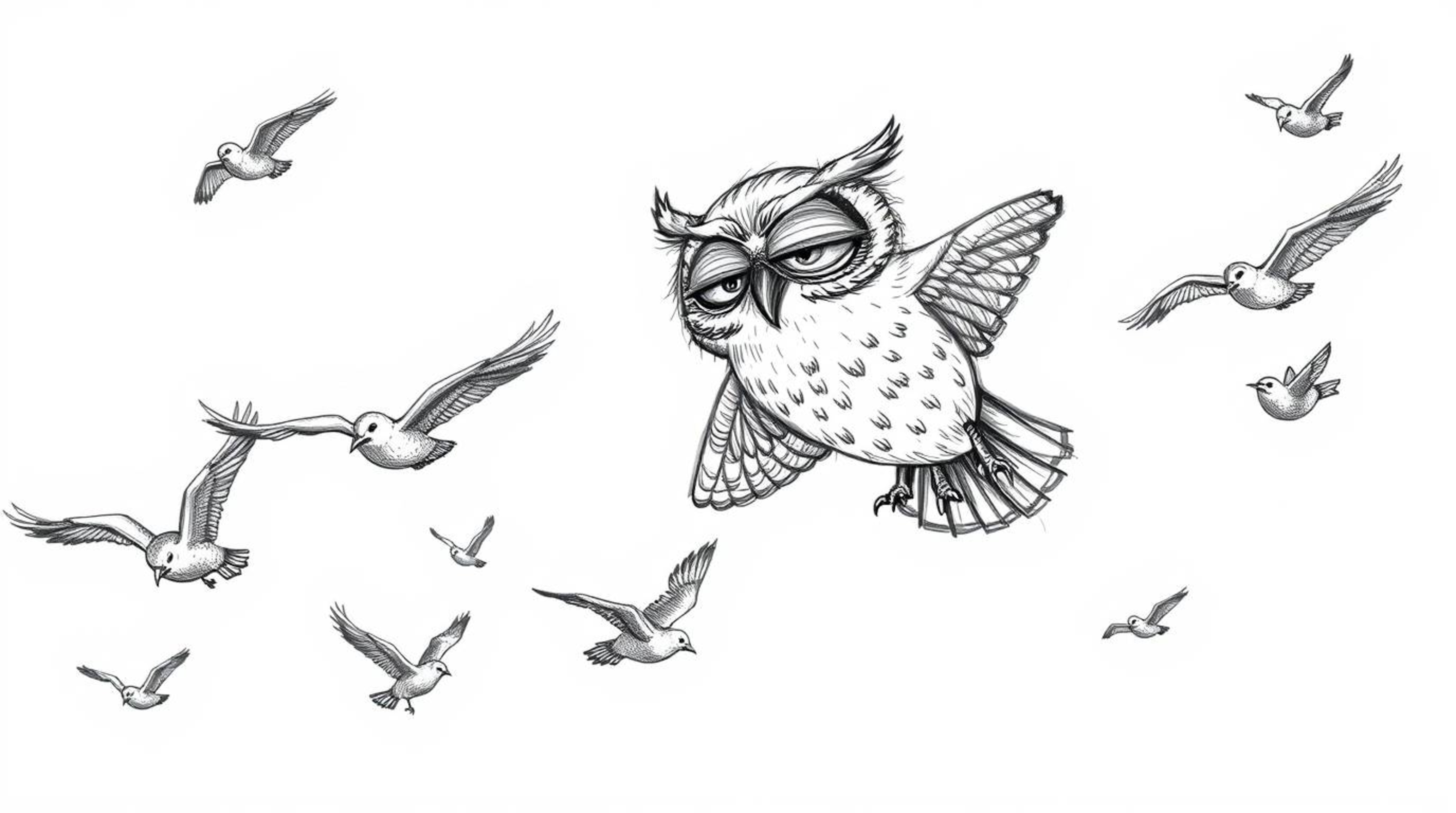 A captivating Pixar-style hand-drawn sketch depicts a blind owl, rendered with detailed textured pencil strokes, instructing 