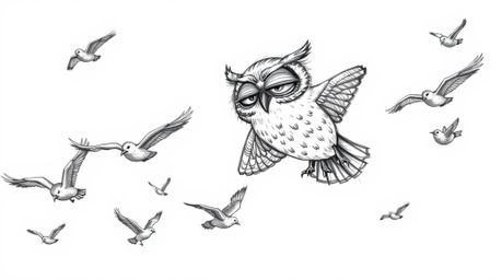 A captivating Pixar-style hand-drawn sketch depicts a blind owl, rendered with detailed textured pencil strokes, instructing 