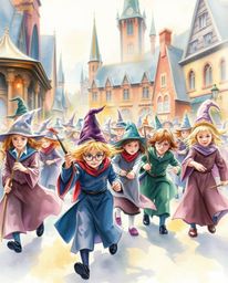 A captivating watercolor painting depicts a magical school brimming with young wizards in dynamic action poses. Blurred line