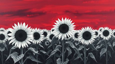 A captivating black and white oil painting depicts a serene sunflower field bathed in the dramatic glow of a deep red and pur