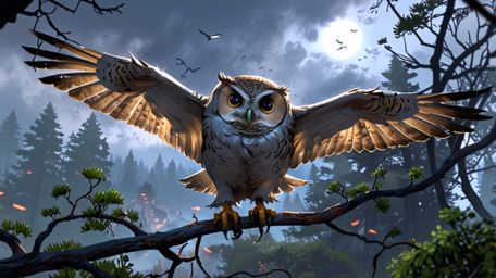 An atmospheric and mysterious scene, rendered in a captivating blend of Pixar and anime styles. Perched high on a lookout tre