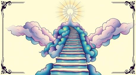 A vibrant, retro-style tattoo art print depicts a surreal stairway ascending through smoky clouds towards a celestial light, 