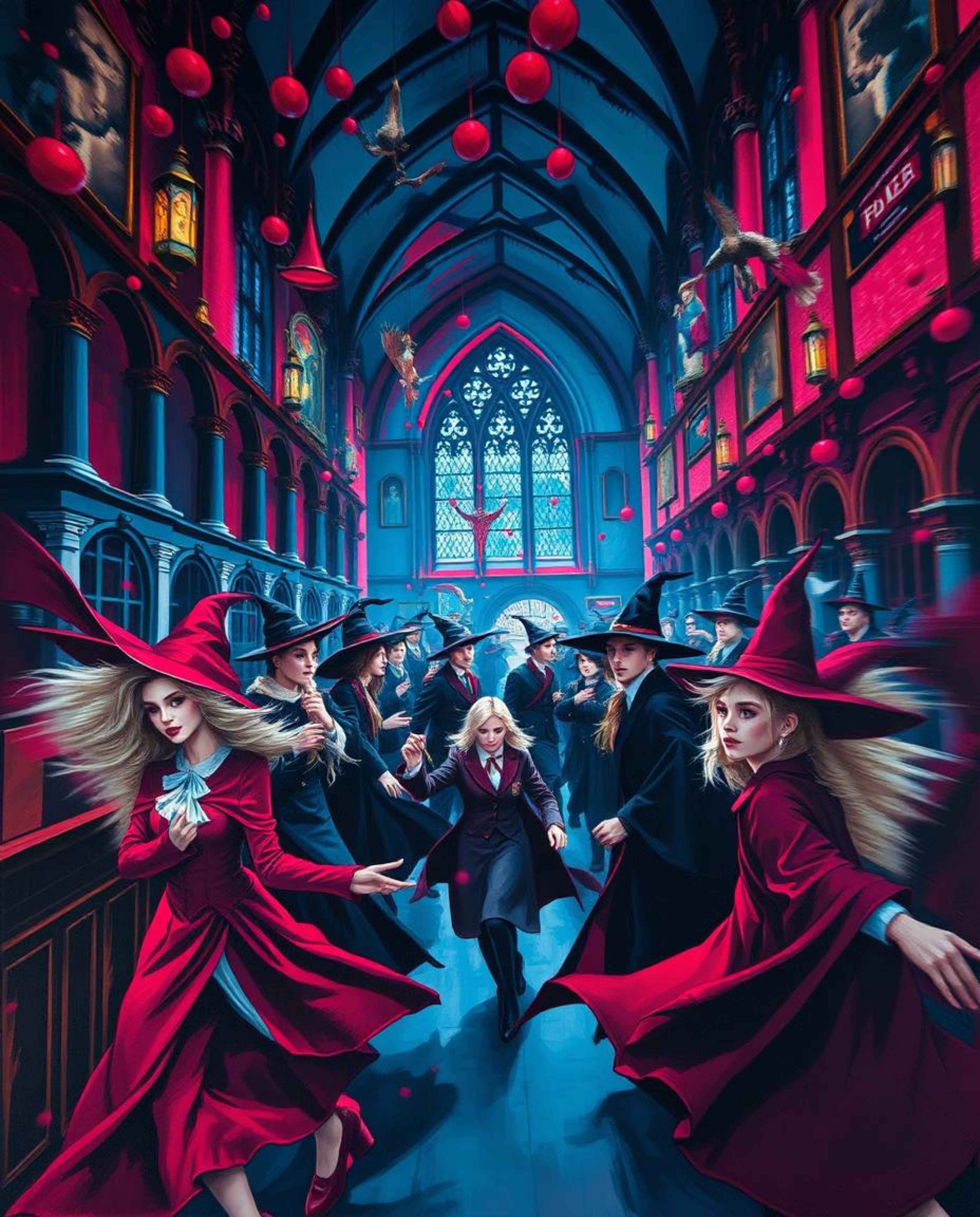 Immerse yourself in a dynamic painting of a magical school brimming with young wizards. Rendered in rich burgundy and deep bl