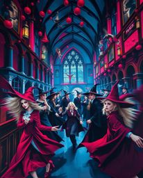 Immerse yourself in a dynamic painting of a magical school brimming with young wizards. Rendered in rich burgundy and deep bl