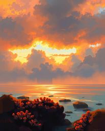 A digital sketch created with loose, painterly strokes captures a colorful sky over a coral reef at low tide. This piece is d