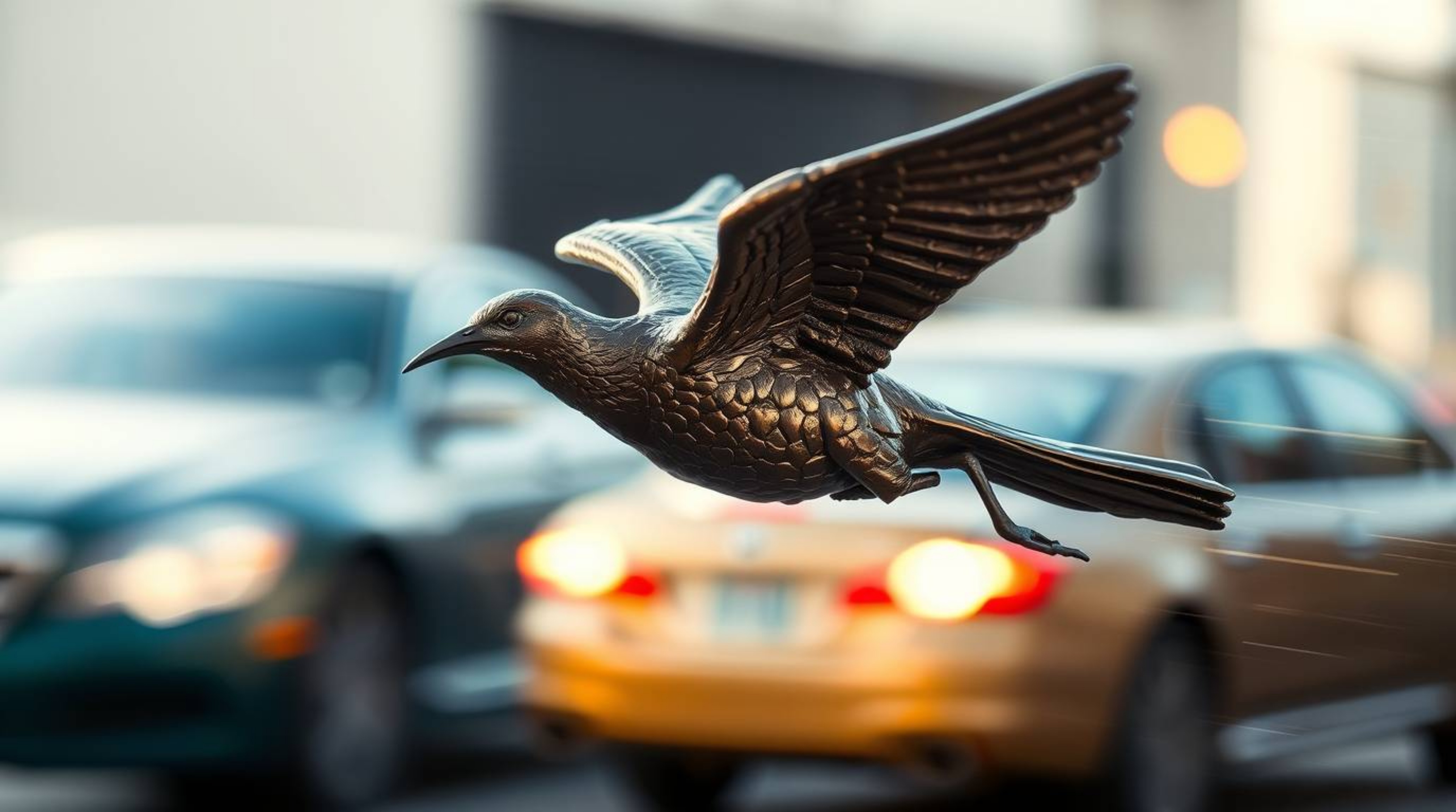 A stunning cast bronze sculpture depicting a fast-running bird in motion, seemingly zooming past traffic. The piece features 