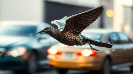 A stunning cast bronze sculpture depicting a fast-running bird in motion, seemingly zooming past traffic. The piece features 