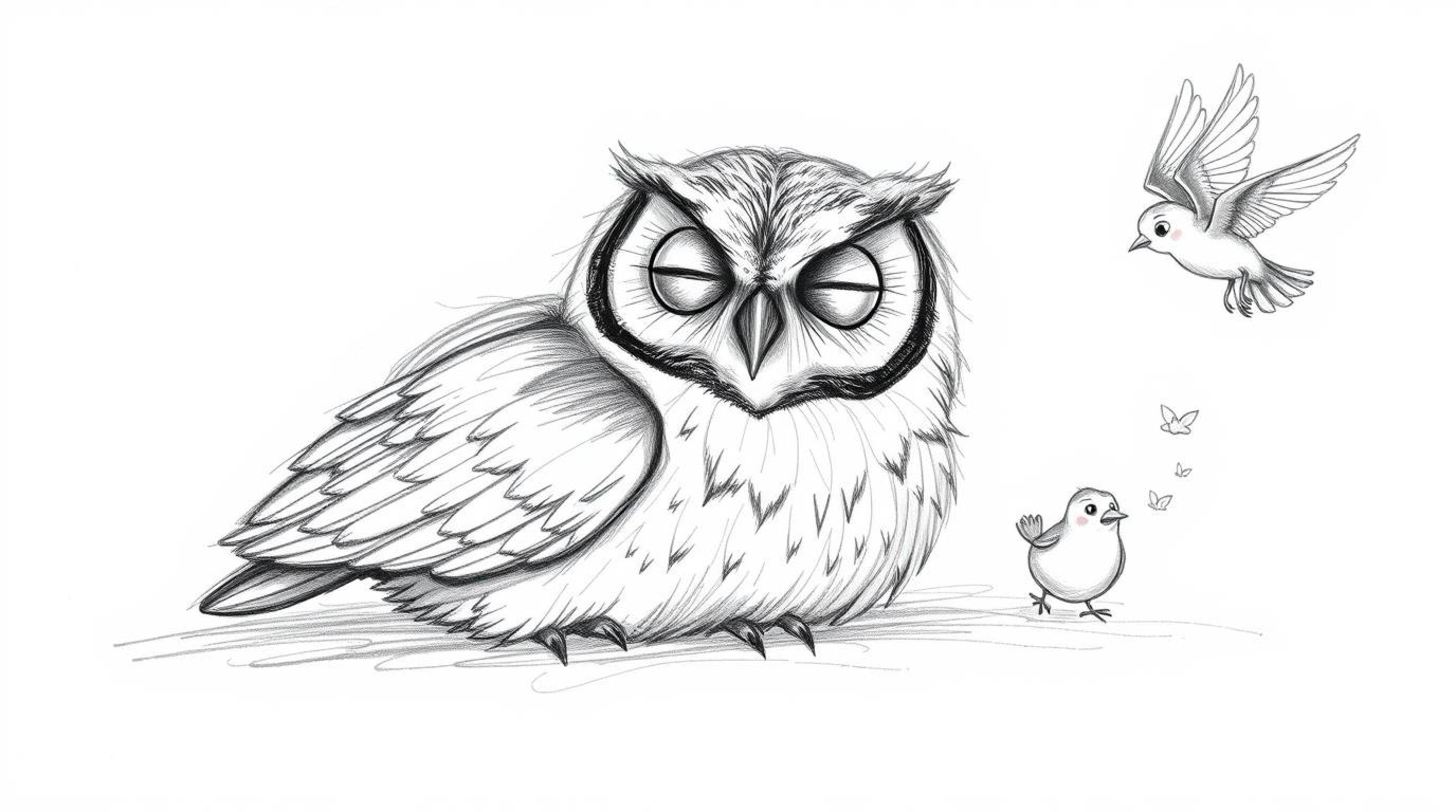 A Pixar-inspired, hand-drawn sketch depicts a blind owl with subtle wrinkles, suggesting age and wisdom, peacefully resting. 