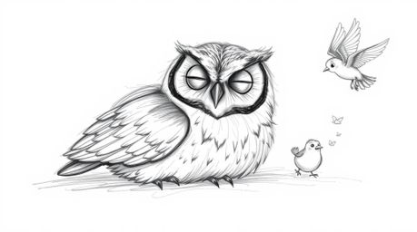 A Pixar-inspired, hand-drawn sketch depicts a blind owl with subtle wrinkles, suggesting age and wisdom, peacefully resting. 