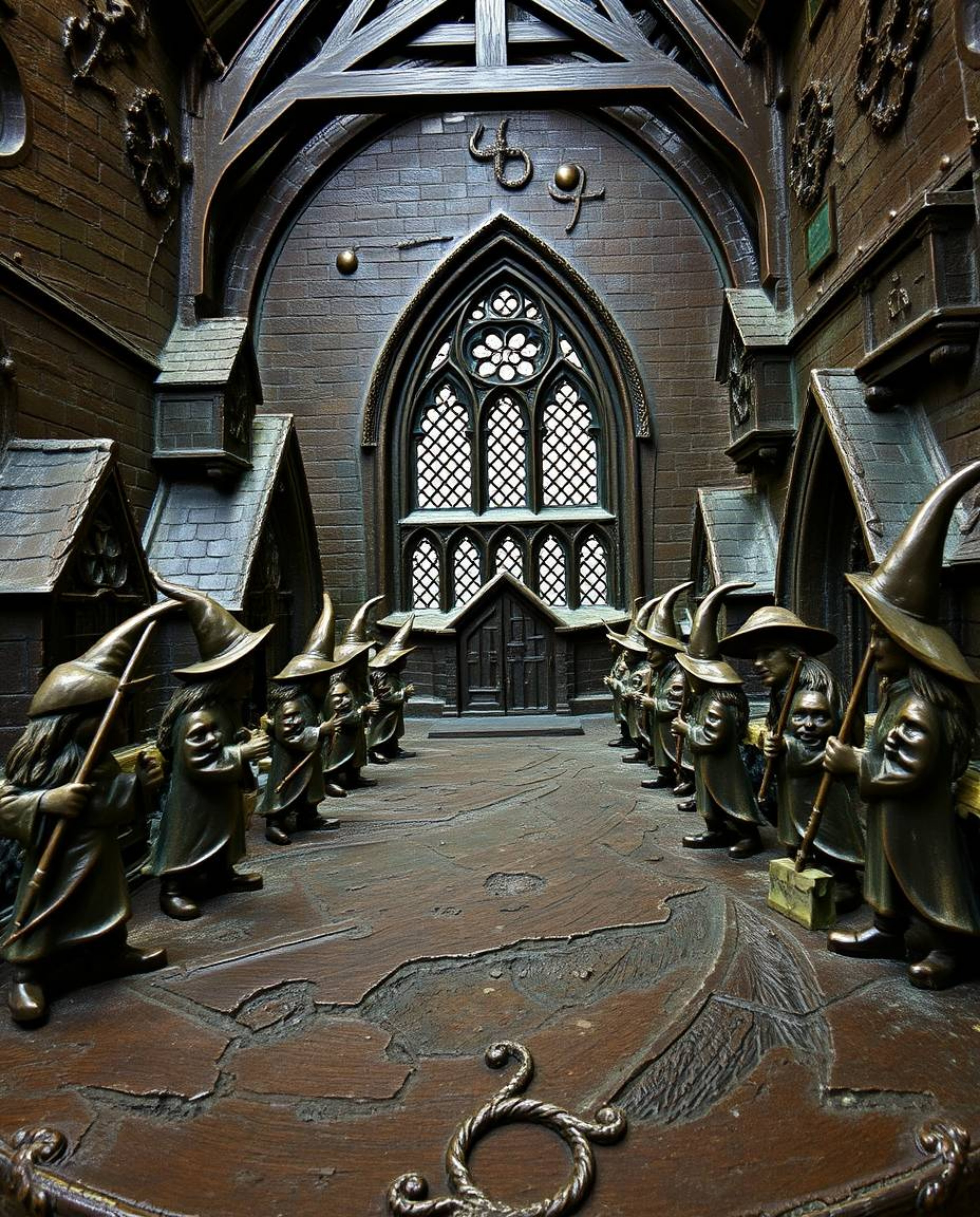 Explore a magical school teeming with young wizards, beautifully rendered with a cast bronze surface and an antique patina fi