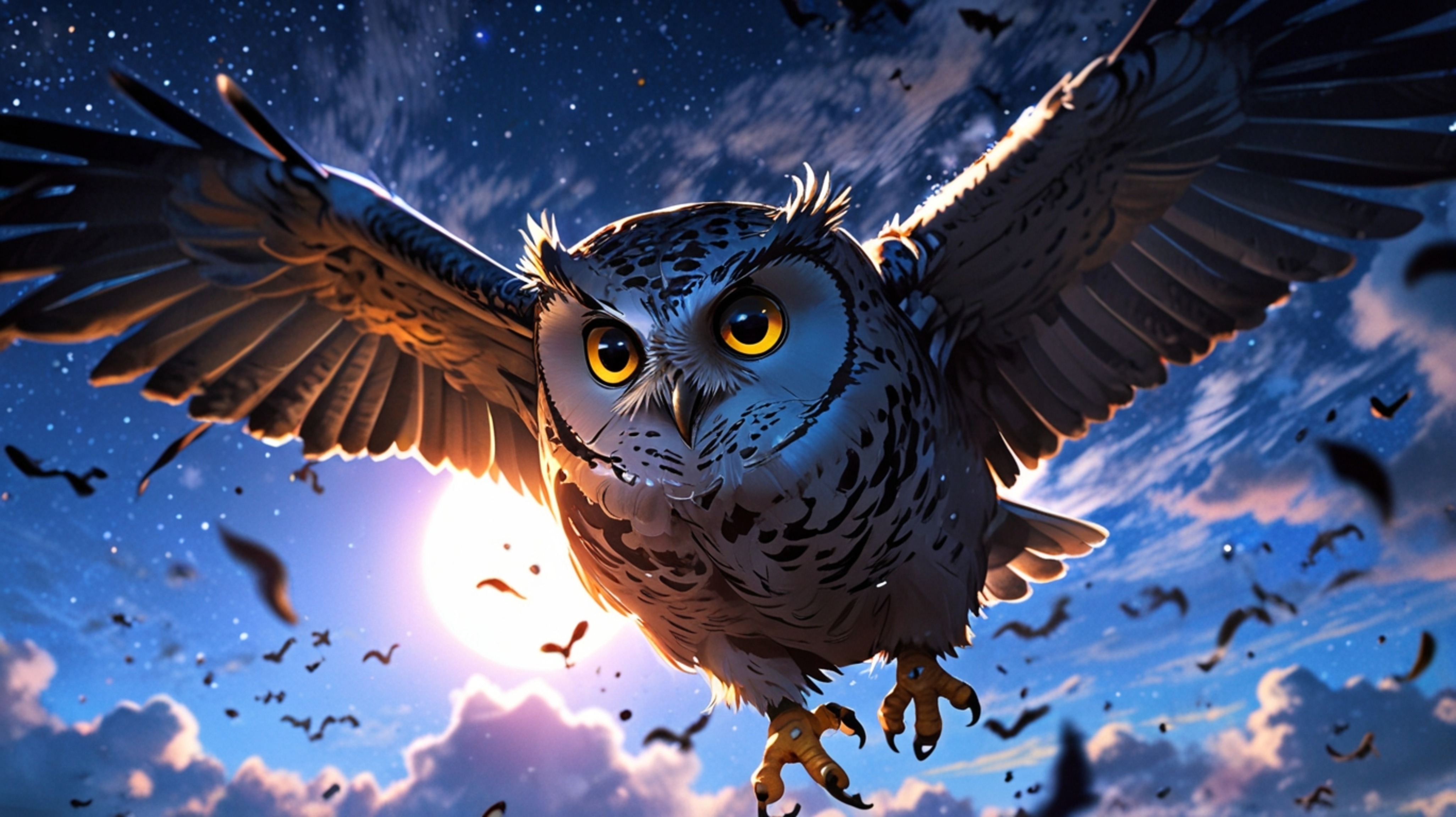 A truly magical and serene scene, beautifully rendered in a captivating blend of Pixar and anime styles. A wise blind owl is 