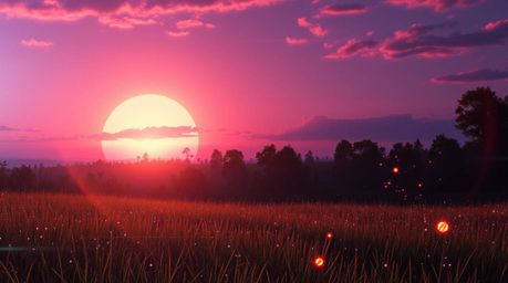 Experience a breathtaking futuristic sci-fi sunset over a tranquil meadow.  Witness the magical glow of fireflies as vibrant 