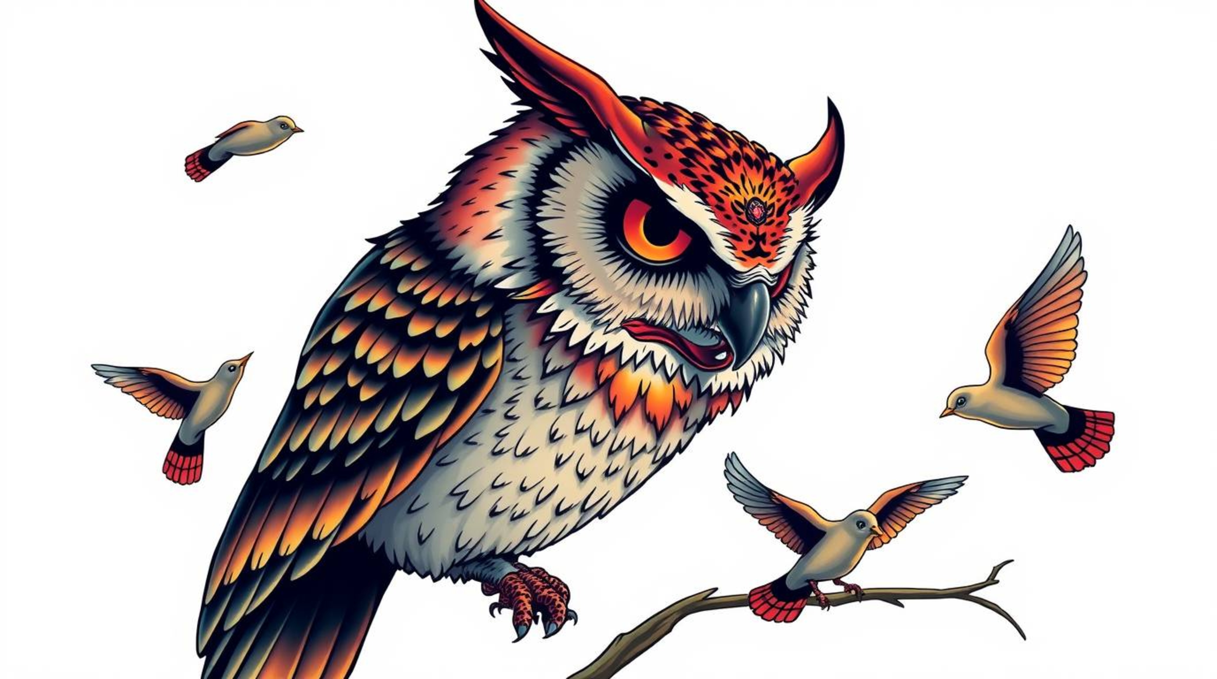 This art print showcases a unique blend of traditional tattoo art with a Pixar-inspired blind owl. The vibrant colors and ret