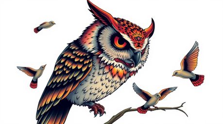 This art print showcases a unique blend of traditional tattoo art with a Pixar-inspired blind owl. The vibrant colors and ret