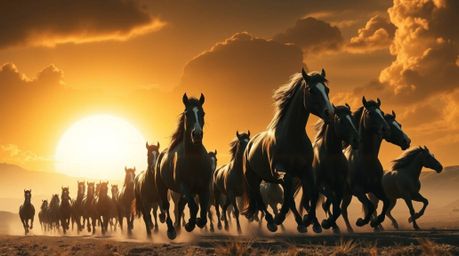 Experience the raw power and untamed beauty of a herd of wild horses galloping under a radiant, glowing sky. This high-contra