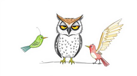 A charming, Pixar-inspired hand-drawn sketch depicts a wise, blind owl with expressive wrinkles guiding birds in learning to 