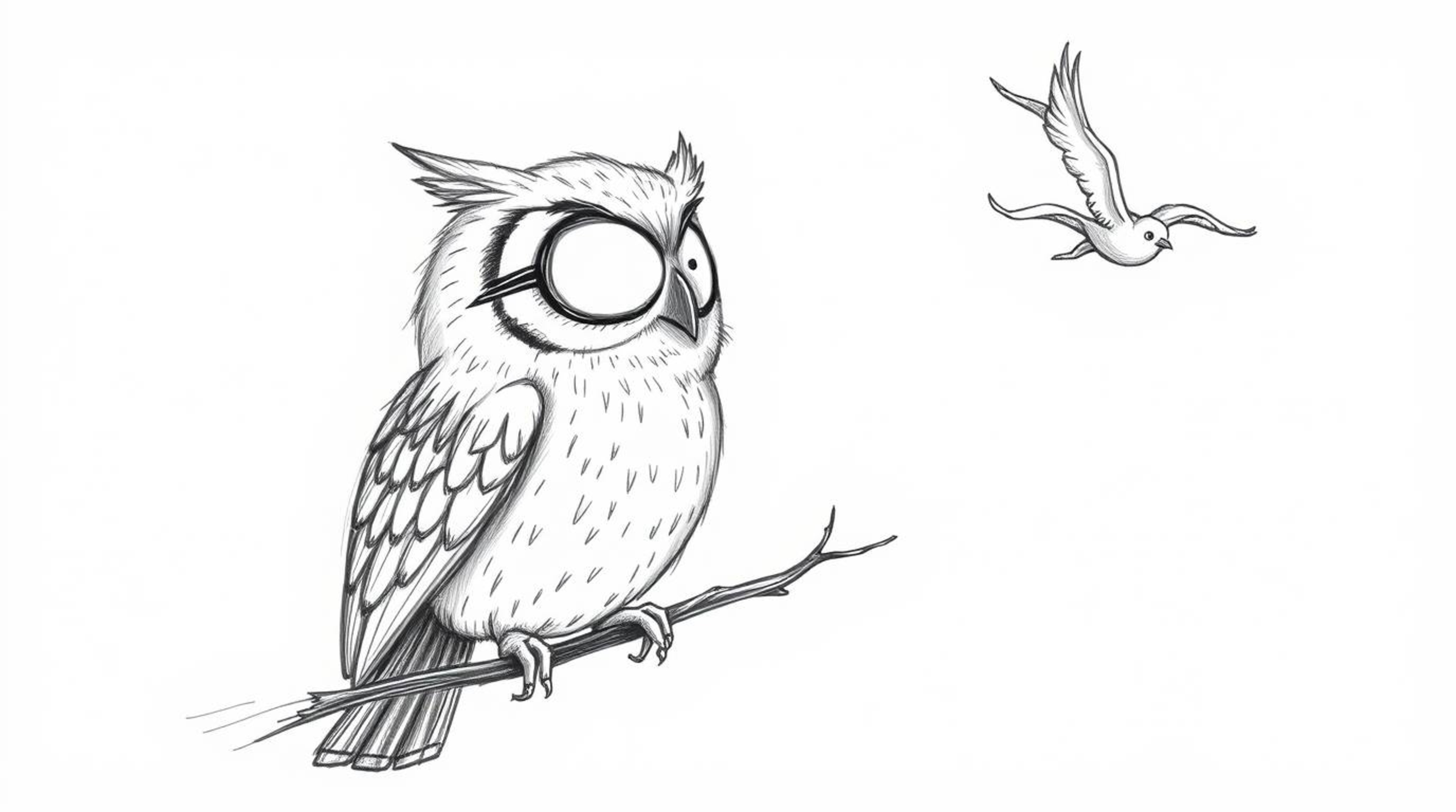 A charming hand-drawn sketch depicts a wise, blind owl patiently instructing birds in flight.  Rendered in a textured pencil 