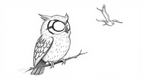 A charming hand-drawn sketch depicts a wise, blind owl patiently instructing birds in flight.  Rendered in a textured pencil 