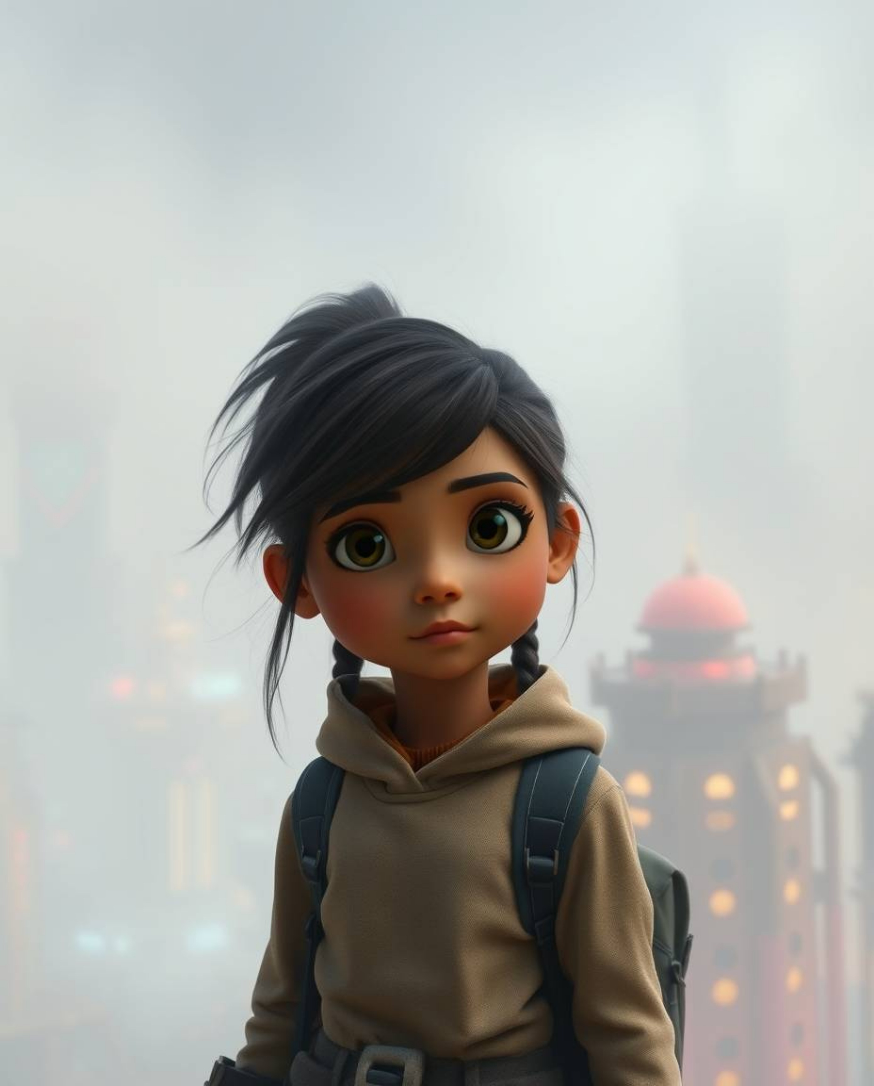 In a futuristic city shrouded in thick fog, a determined young inventor girl with olive skin stands undeterred. Rendered in a