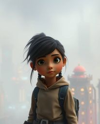 In a futuristic city shrouded in thick fog, a determined young inventor girl with olive skin stands undeterred. Rendered in a