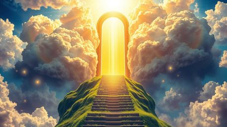 An ethereal and luminous heavenly gate floats majestically above swirling clouds, casting a golden light upon the verdant ear