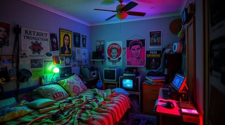 Imagine a chaotic yet captivating bedroom bathed in bioluminescent light, where strange gadgets clutter the surfaces and post