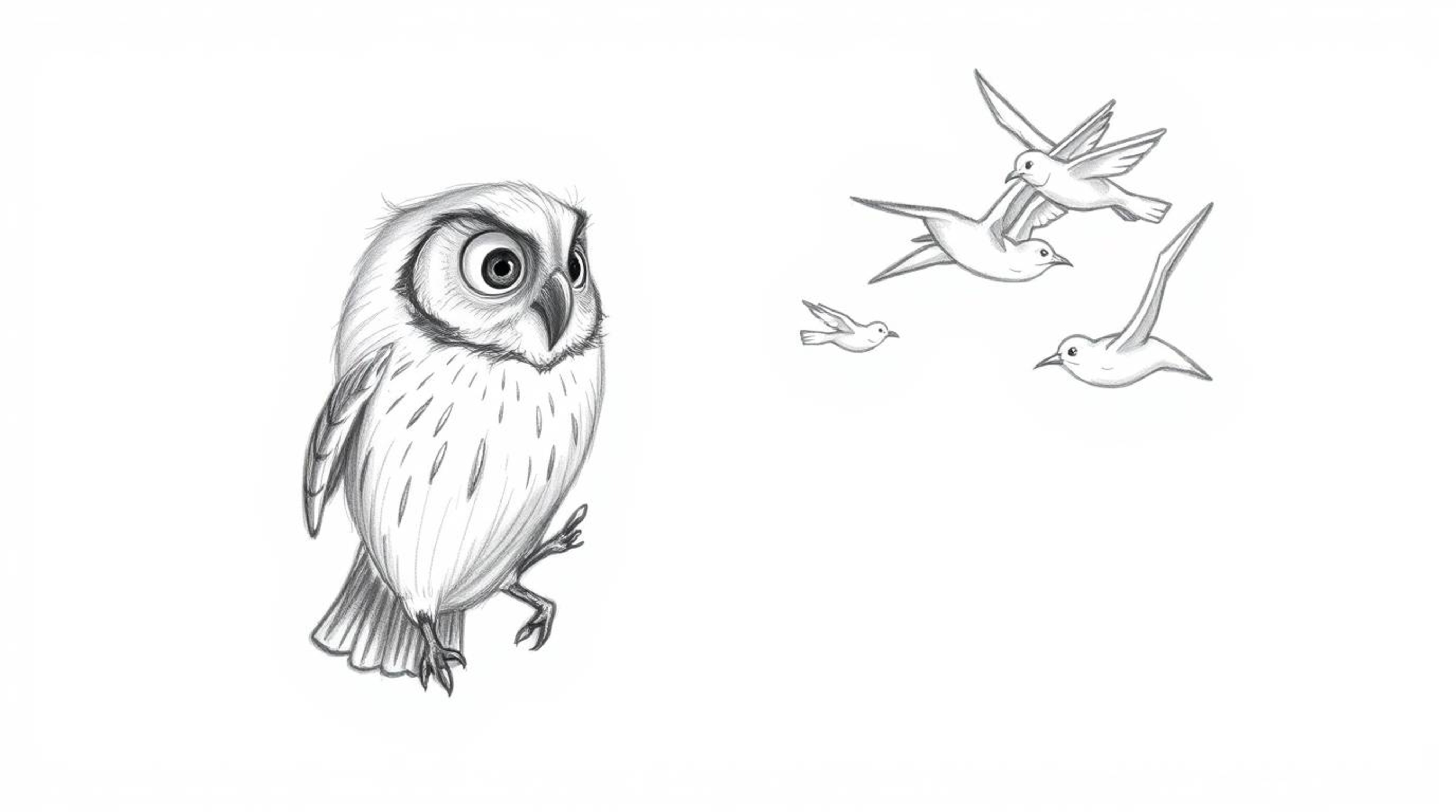 A rough, textured pencil sketch depicts a Pixar-inspired scene of a blind owl, its feathers delicately shaded, using its heig