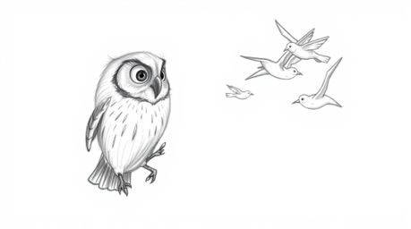 A rough, textured pencil sketch depicts a Pixar-inspired scene of a blind owl, its feathers delicately shaded, using its heig