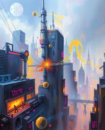 A captivating oil painting depicts a futuristic cityscape, bathed in vibrant neon lights and a soft, dreamy atmosphere.  The 