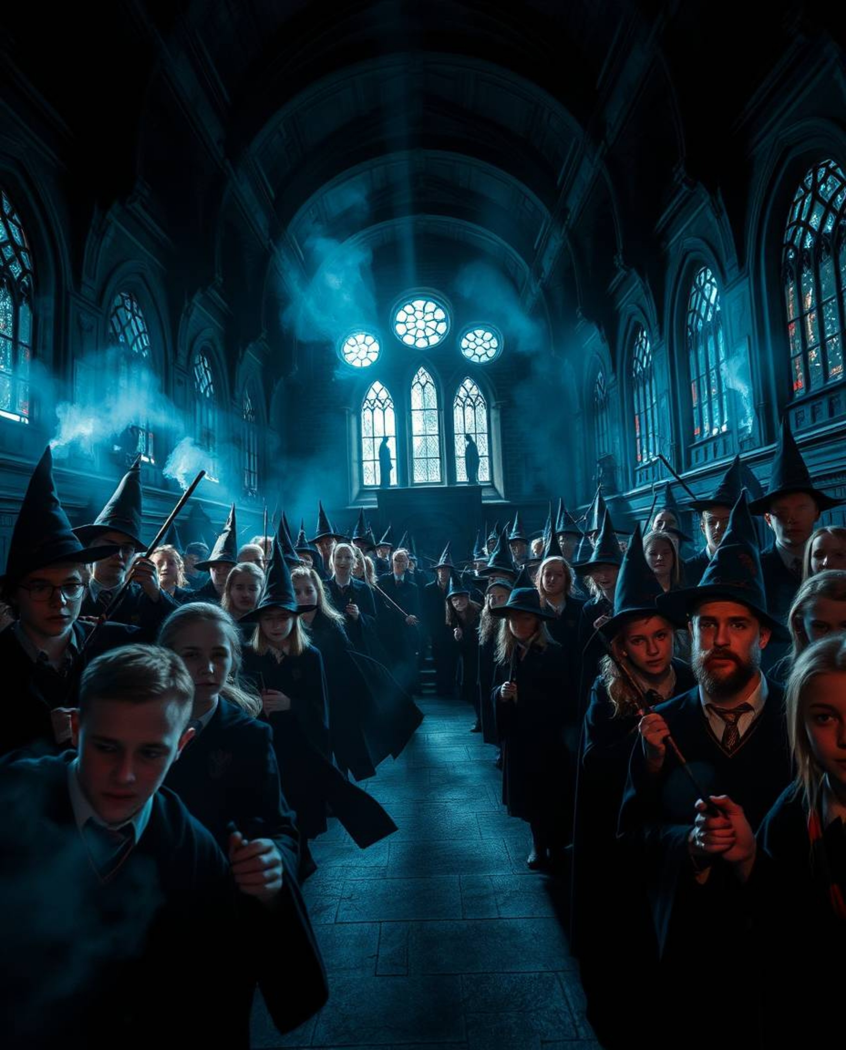 Experience a dramatic visual journey into a magical school brimming with young wizards.  Intense lighting and a striking spli