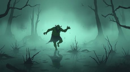 Explore a moody illustration of an ogre dancing in a swamp, shrouded in thick fog and rendered with low contrast and visibili