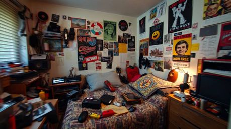 A captivating long exposure photograph reveals a messy bedroom filled with strange gadgets and posters.  The image showcases 